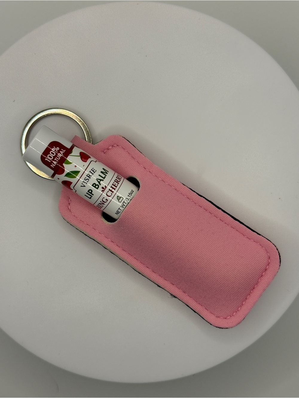 Pink Lip Balm Keychain Holder + Visrie Cherry Lip Balm - Picture 2 of 2